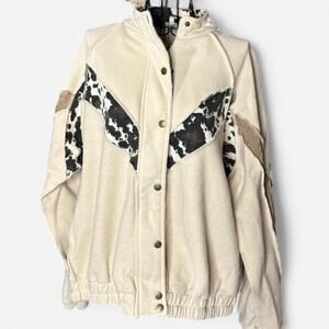 BKE Western Cow Print Fleece Full-Zip Jacket - Cream - Size Large